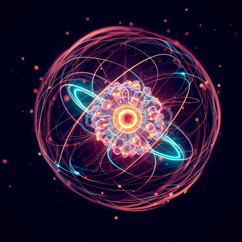 Nucleo atomico emitiendo particulas subatomicas y energia Radioactiva.