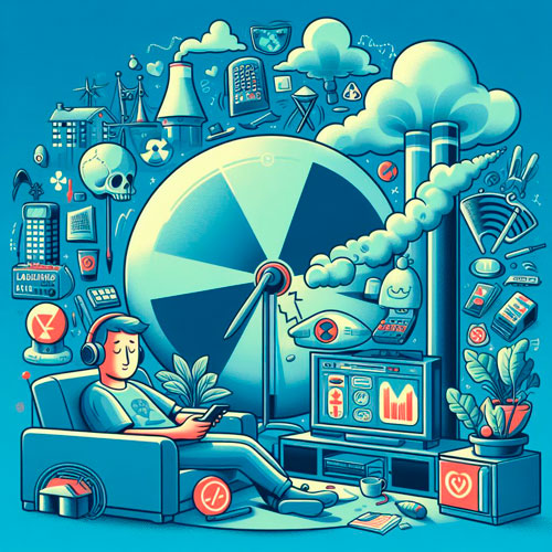 Dibujo de un joven sentado en un sofa con una planta en maceta, escuchando musica con cascos inalambricos, alrededor objetos que emiten radiacion natural y artificial.